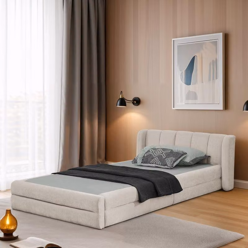 Letto singolo 90x200 cm, tessuto di ciniglia delicato sulla pelle, comodo schienale, adatto anche come letto per bambini, beige (senza materasso)