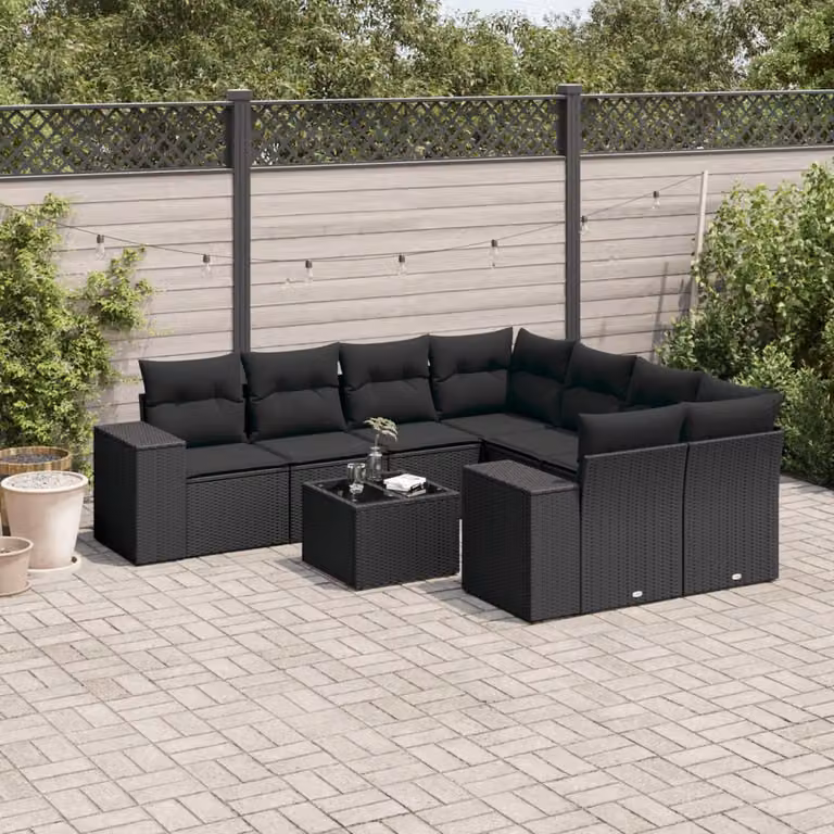 vidaXL Set Divani da Giardino a L 9 pz in Polyrattan Nero con Cuscini e Tavolino da Esterno