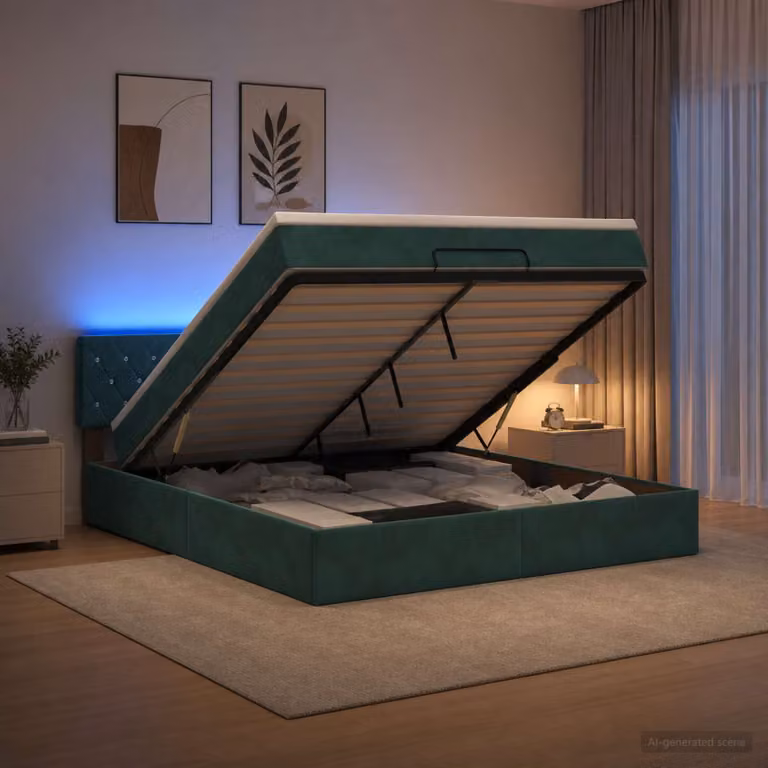 vidaXL Letto Ottomano con Materasso Ibrido e LED Verde Scuro L: 180 cm, P: 200 cm, H: 88 cm