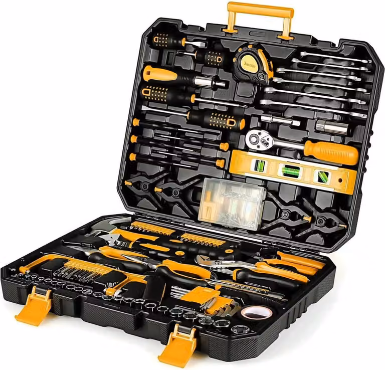 Valigetta portautensili 198 pezzi - Set di chiavi a bussola con cricchetto - Cacciavite - Riparazioni domestiche e auto - 44×34×4 cm - Giallo