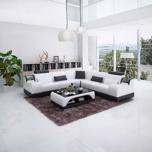 Design Ecksofa Wohnzimmer Moderne Eckcouch Lederpolster Couch Sofa + Tisch Möbel