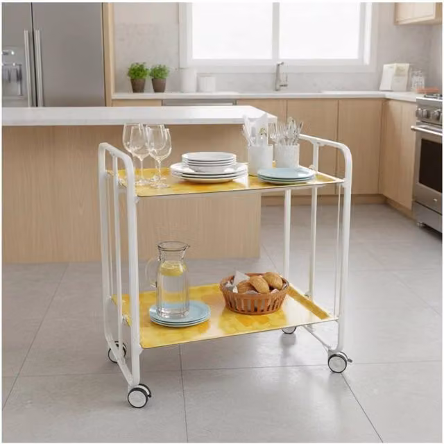 Carrello da cucina pieghevole DON HIERRO con 2 ripiani in MDF laminato bianco e struttura in metallo, H 72,0 cm x L 66,0 cm x P 43,0 cm – 1