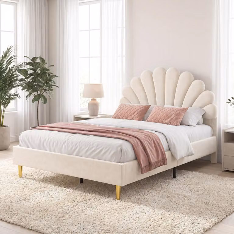 Letto imbottito INONEFT, 140x200 cm, con testiera a forma di fiori, letto a castello per ragazzi, letto per bambine, letto da principessa, color beige, in velluto
