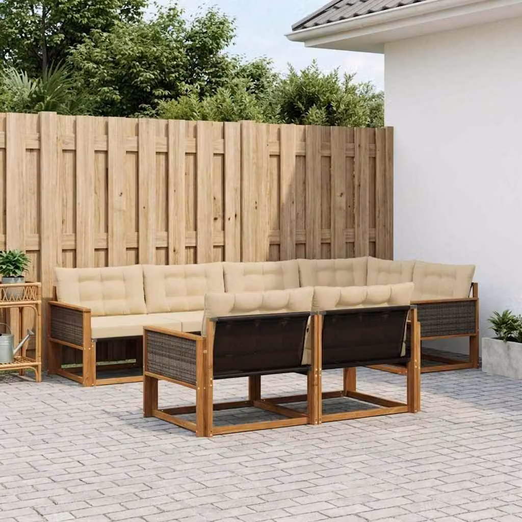 Set di divani da esterno vidaXL a forma di U composto da 7 pezzi in legno di acacia trattato e tessuto beige con cuscini inclusi