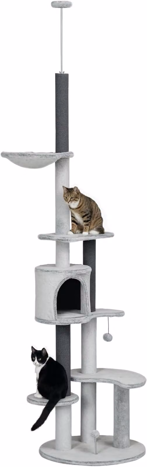 Albero per gatti, regolabile in altezza da 225 a 255 cm, con rifugio, pali per graffiare, cestino, palla giocattolo, mobili per gatti di taglia media, colore grigio
