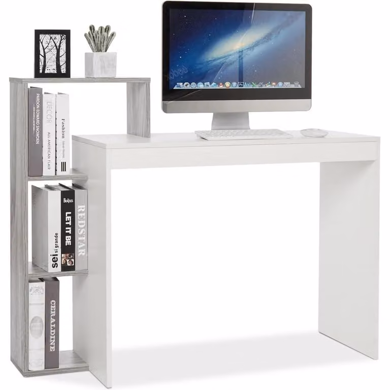 Scrivania compatta con ripiano a 3 livelli, salvaspazio, dimensioni 110 x 40 x 92 cm, colore bianco e grigio