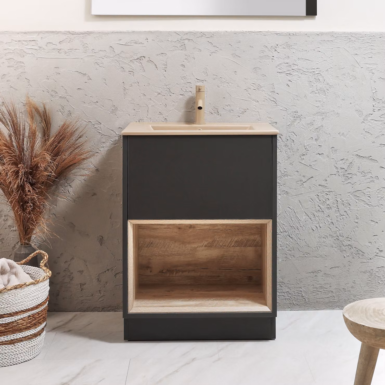 Mobile Bagno con Ripiano Aperto in Grigio Nero da 612mm con Lavabo Beige (Sand) - Hoxton