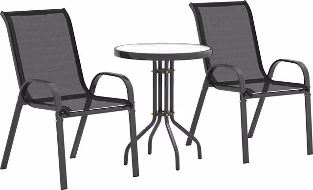 Set da giardino Outsunny composto da 3 sedie e un tavolino rotondo in acciaio e vetro, colore nero, L/P/H: 54 x 71 x 93 cm