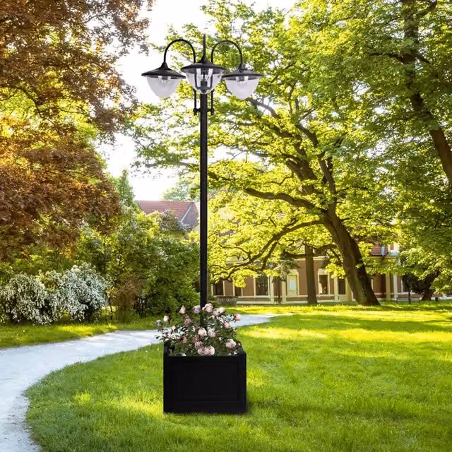 Lampione solare OKWISH nero con tre paralumi e base portavaso regolabile per giardino e terrazza – 1