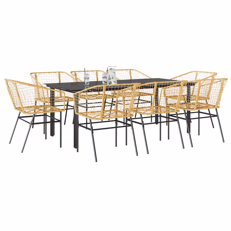 Set da pranzo da giardino vidaXL in polyrattan e vetro, 9 pezzi, moderno, disponibile in nero, marrone o beige