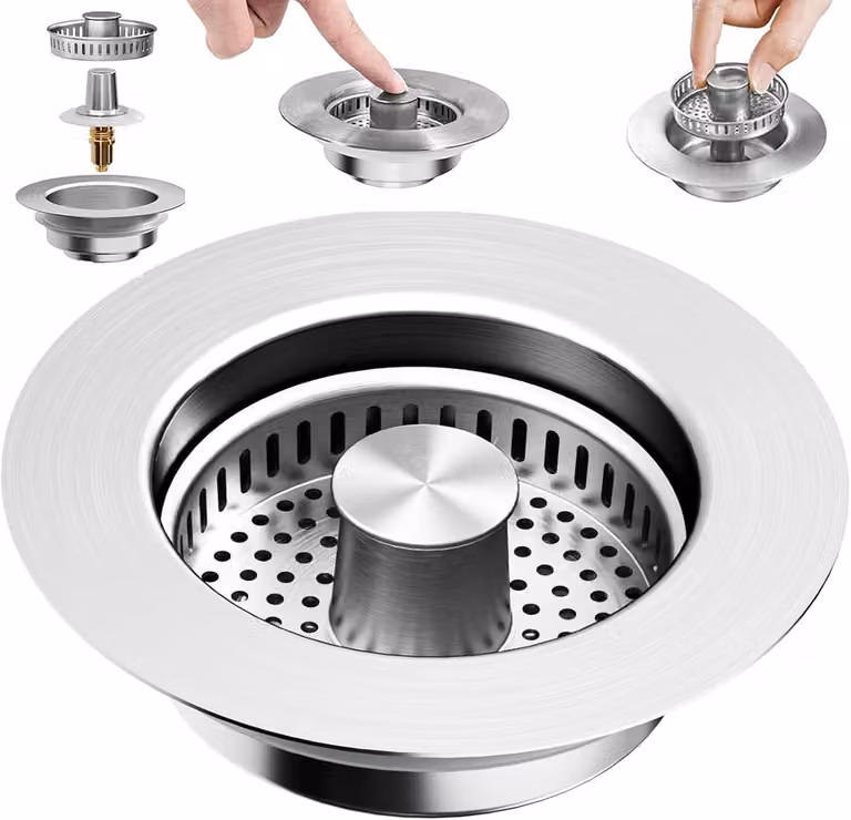 Setaccio per scarico, setaccio per lavello, griglia per lavandino, tappo per lavandino a scomparsa, in acciaio inossidabile. Ideale per filtri anti-cibo e anti-capelli per lavelli