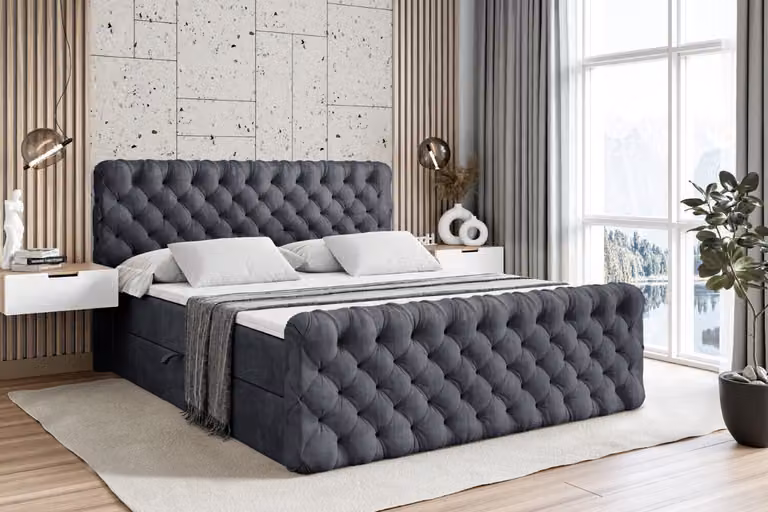Letto boxspring ALTDECOR con pediera, materasso H3 e topper - 200x200 cm - BOXI8-Z - Velluto grigio scuro - Letto imbottito con contenitore e rete a doghe, letto con spazio contenitivo