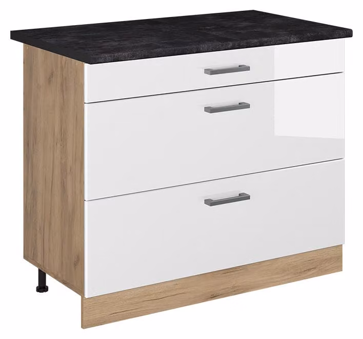 Mobiletto base per cucina Vicco R-Line Bianco lucido/Rovere dorato 100 cm piano di lavoro Antracite, Model 71652