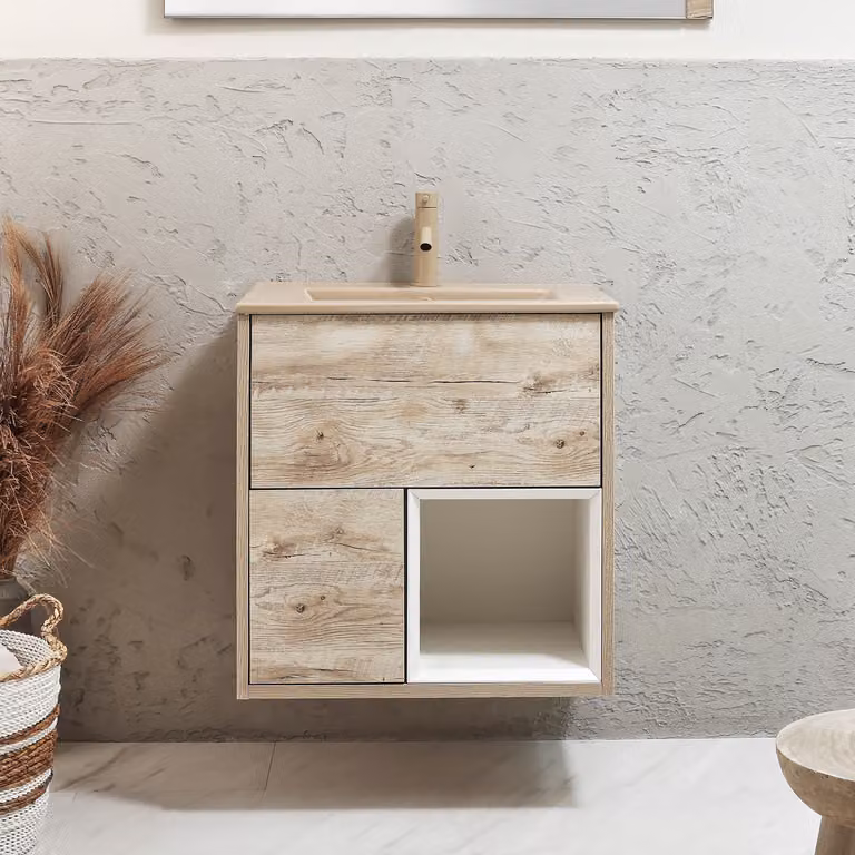 Mobile Bagno Sospeso Con Ripiano Aperto 612mm Rovere Chiaro Con Lavabo Beige - Hoxton