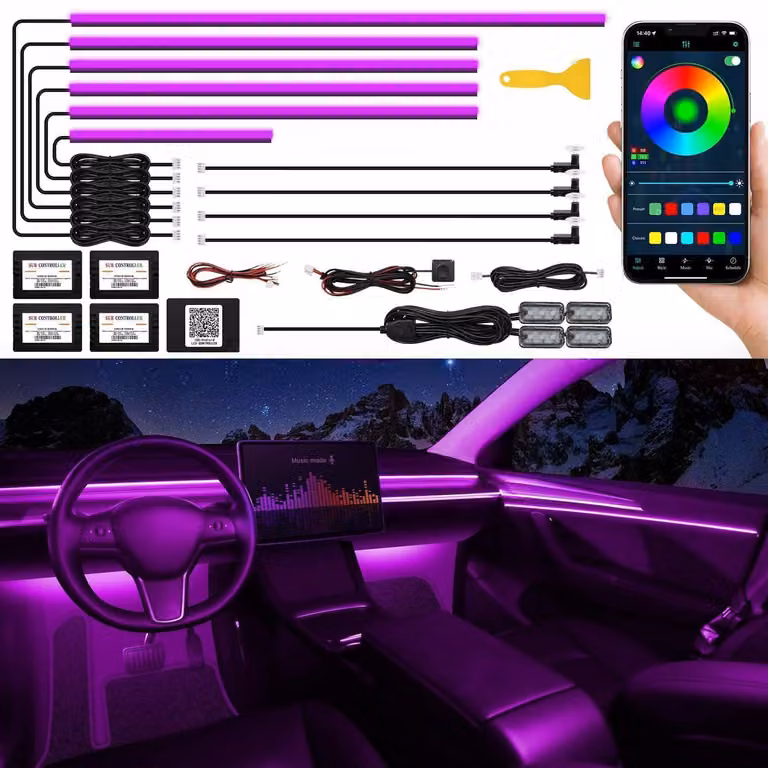 Illuminazione interna per auto a LED RGB, 14 colori in 1, con controllo tramite app e musica, dimensioni 175 pollici, 593 LED, strisce luminose in acrilico, 16 milioni di colori
