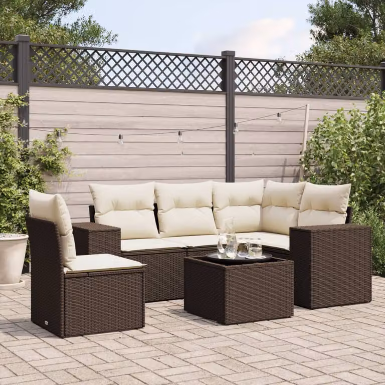 Set Divano da Giardino a L vidaXL 6 pz in Polyrattan Marrone con Cuscini e Tavolino