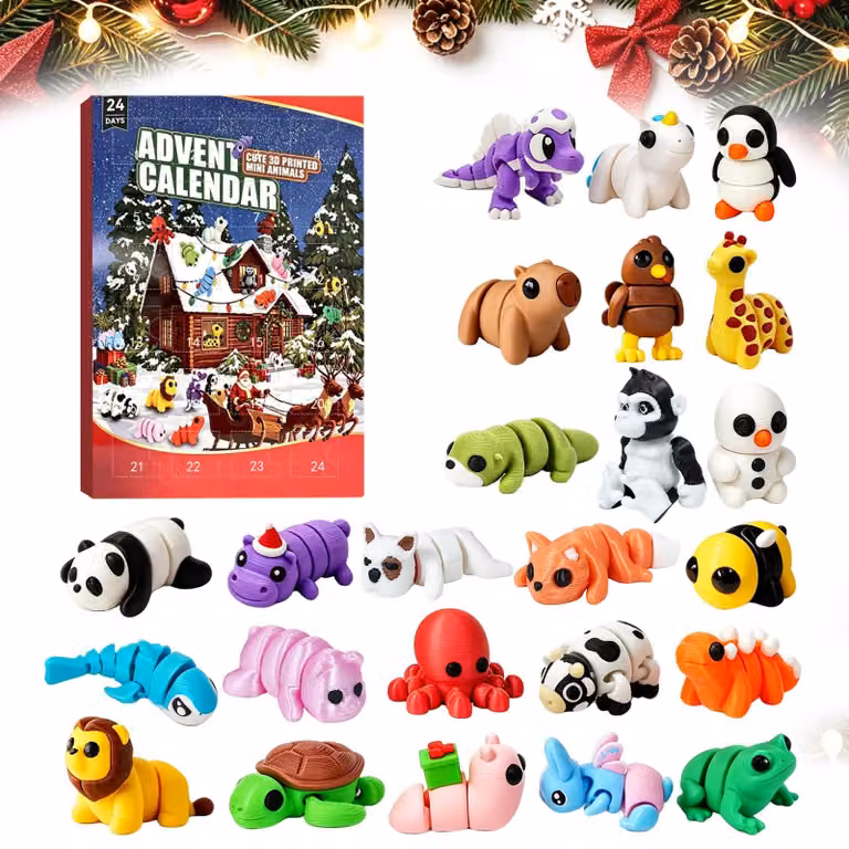 Calendario dell'Avvento da 24 pezzi, con figure di animali stampate in 3D, articolate