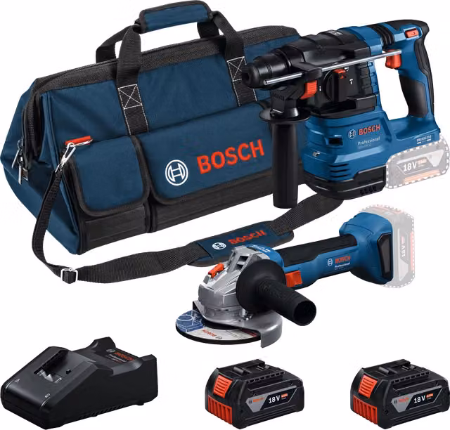 Kit Bosch 18V con Martello Perforatore GBH 18V-22, Smerigliatrice GWS 18V-8, 2 Batterie da 4 Ah, Caricabatterie GAL 18V-40 e Borsa