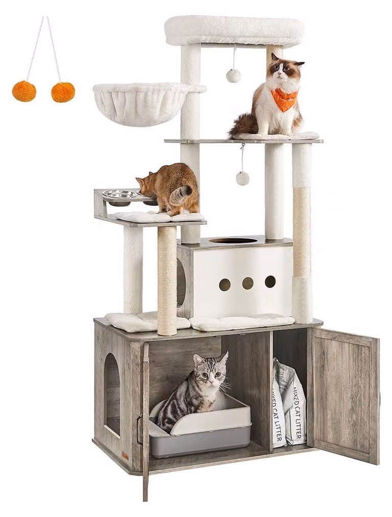 Kratzbaum alto 170 cm con mobile per lettiera per gatti – Sisal – grigio/marrone