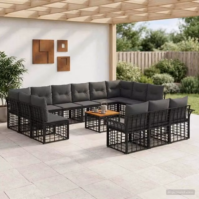 Set di divani da esterno vidaXL in rattan e legno di acacia, 14 pezzi, Nero e Grigio