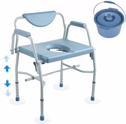 Sedia da toilette portatile VEVOR blu con braccioli ribaltabili, schienale staccabile, altezza regolabile a 5 livelli e secchio rimovibile da 7 litri, capacità massima 454 kg