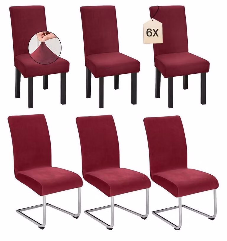 Set di 6 copri-sedia elasticizzati in velluto, colore bordeaux, lavabili