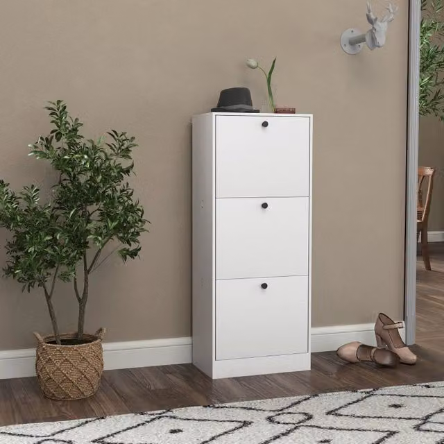Scarpiera stretta con 3 cassetti a ribalta e ripiani regolabili in legno bianco per 12 paia 47 × 28 × 115 cm