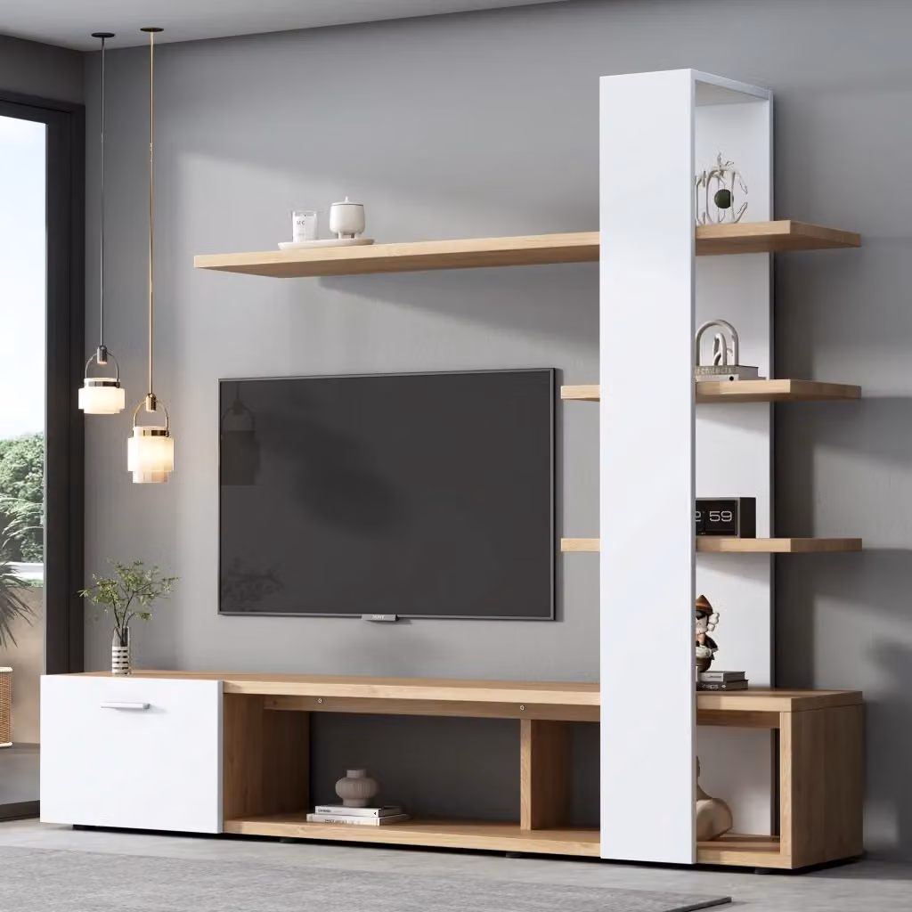 Mobile TV Zephmum per soggiorno in legno e metallo bianco e beige, L: 180 cm, P: 33,5 cm, H: 151,5 cm, per TV fino a 60 pollici – 2
