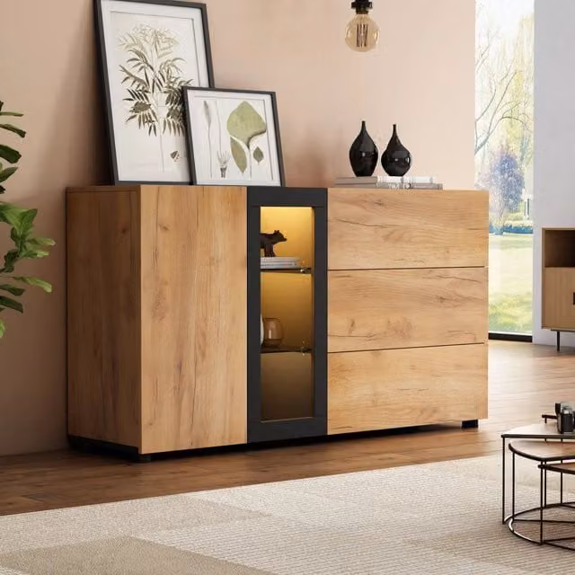 Credenza ULEVR 140x40x80 cm con 3 cassetti, anta, ripiani in vetro regolabili e LED RGB via app, nero e marrone