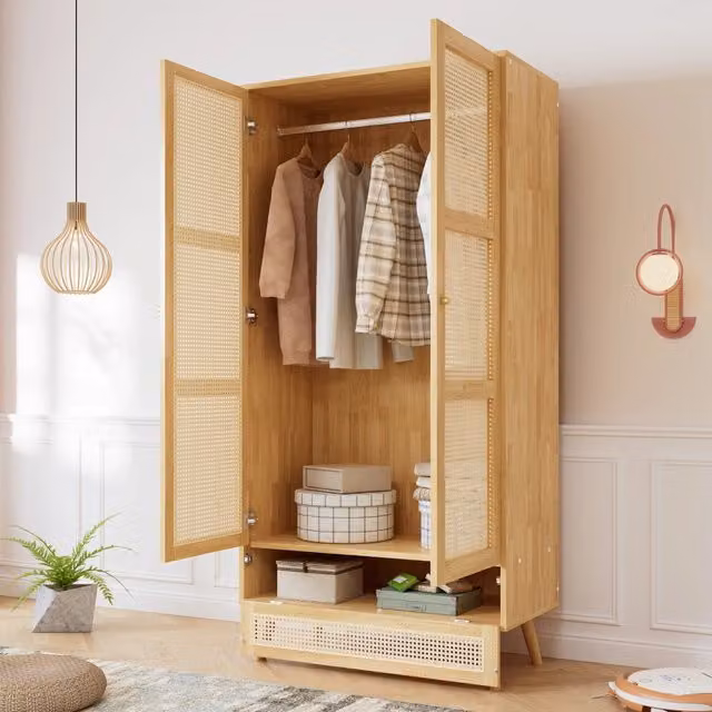 Armadio a 2 ante con barra appendiabiti e vano inferiore ribaltabile per camera da letto e soggiorno naturale 90 × 45 × 183 cm