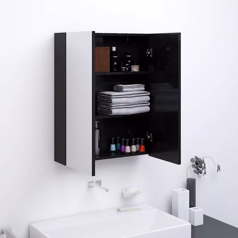 Armadietto a specchio da bagno vidaXL moderno in MDF nero lucido con ante a battente e ripiani interni, L: 60 cm, P: 15 cm, H: 75 cm