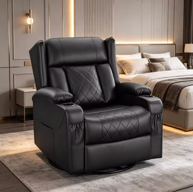 Poltrona Relax girevole in PU nero con schienale regolabile e poggiapiedi, 87x94,5x103,5 cm
