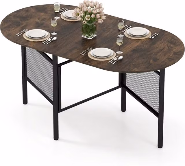 Tavolo da pranzo moderno con ali ribaltabili e piano ovale in legno e metallo, salvaspazio per cucina e soggiorno, L: 150 cm, L/P/H: 150 x 80 x 76 cm, Marrone