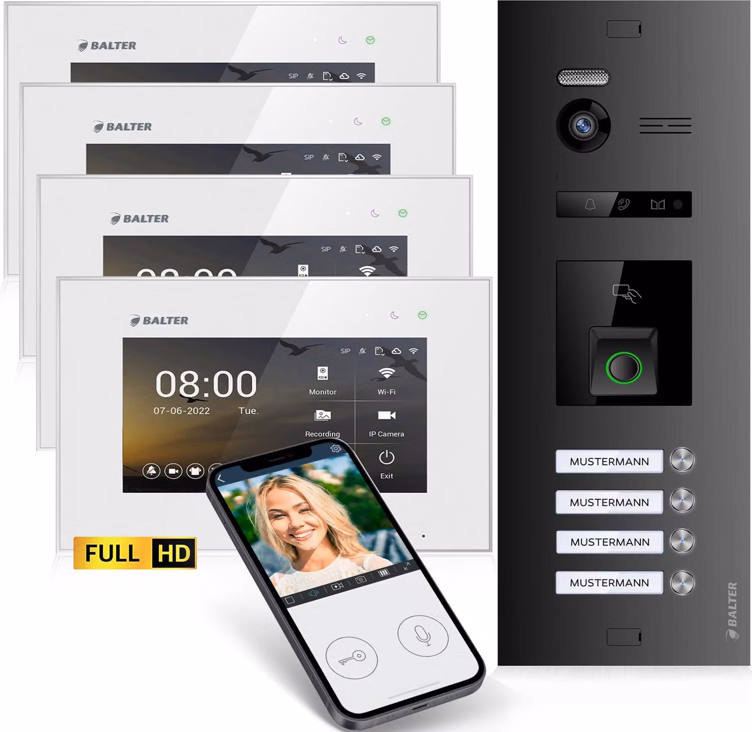 Videocitofono HD con impronta digitale RFID e app per smartphone per casa quadrifamiliare, 4x monitor, Balter EVO HD Fingerprint