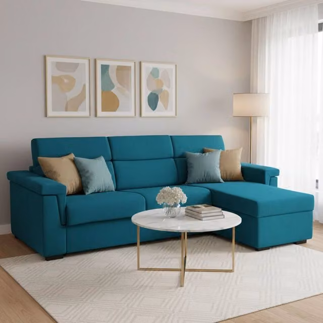 Divano Letto Ganzaria con Penisola Sfoderabile Made in Italy, L/P/H: 285 x 160 x 4 cm, Azzurro