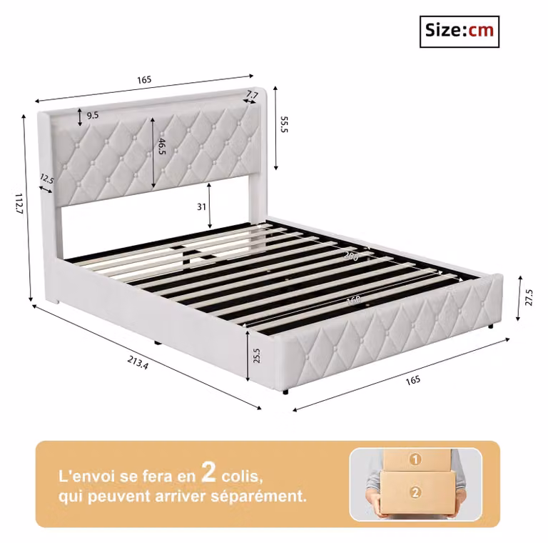 Letto matrimoniale 160x200 cm - Letto imbottito con spazio contenitore - Meccanismo a sollevamento idraulico - Testiera con vani portaoggetti - Rivestimento in velluto - Struttura in metallo - Colore beige