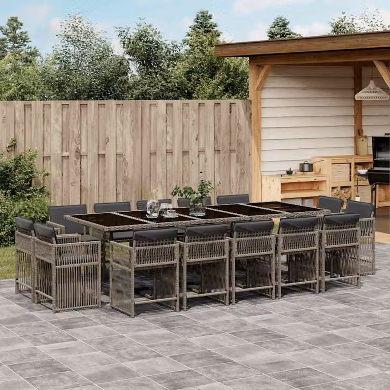 vidaXL Set da Pranzo da Giardino 15 pz in Polyrattan Grigio con Cuscini e Tavolo in Vetro