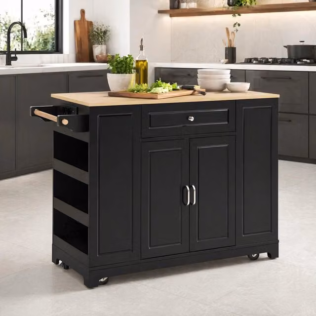 Isola da cucina mobile con piano ribaltabile; prese AC USB e USB-C; MDF; nero naturale