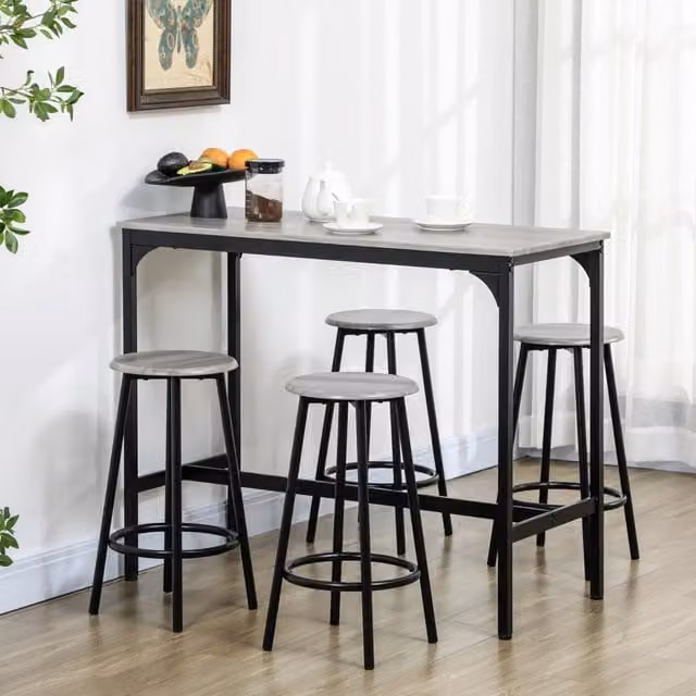 Set Tavolo da Bar 5 Pezzi con 4 Sgabelli in Metallo Grigio, Design Industriale, per Cucina e Sala da Pranzo