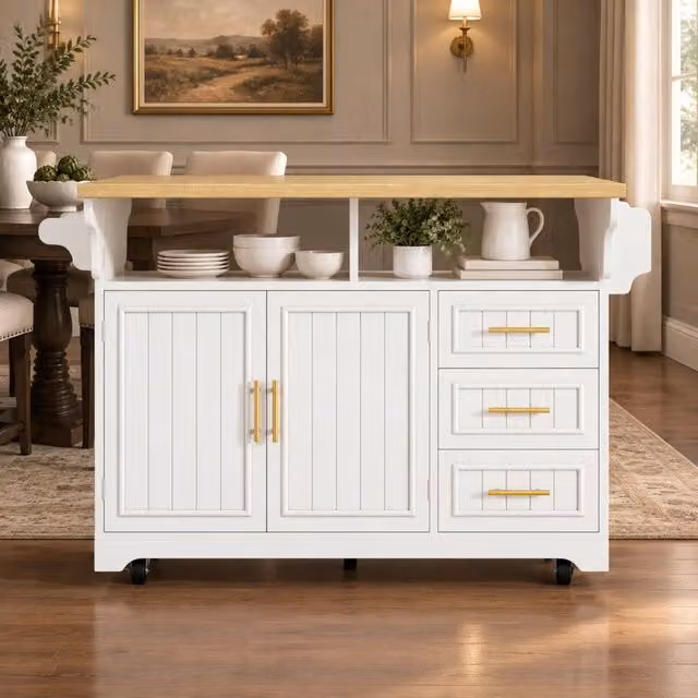 Desviae Carrello da cucina con piani ribaltabili bilaterali 3 cassetti ripiani regolabili MDF bianco effetto rovere con ruote