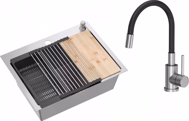 VBChome Lavello in acciaio inox con rubinetteria 58 x 45 cm Acciaio inox spazzolato Set di accessori Dispenser Tagliere Tappetino arrotolabile Scolapiatti pieghevole Sifone