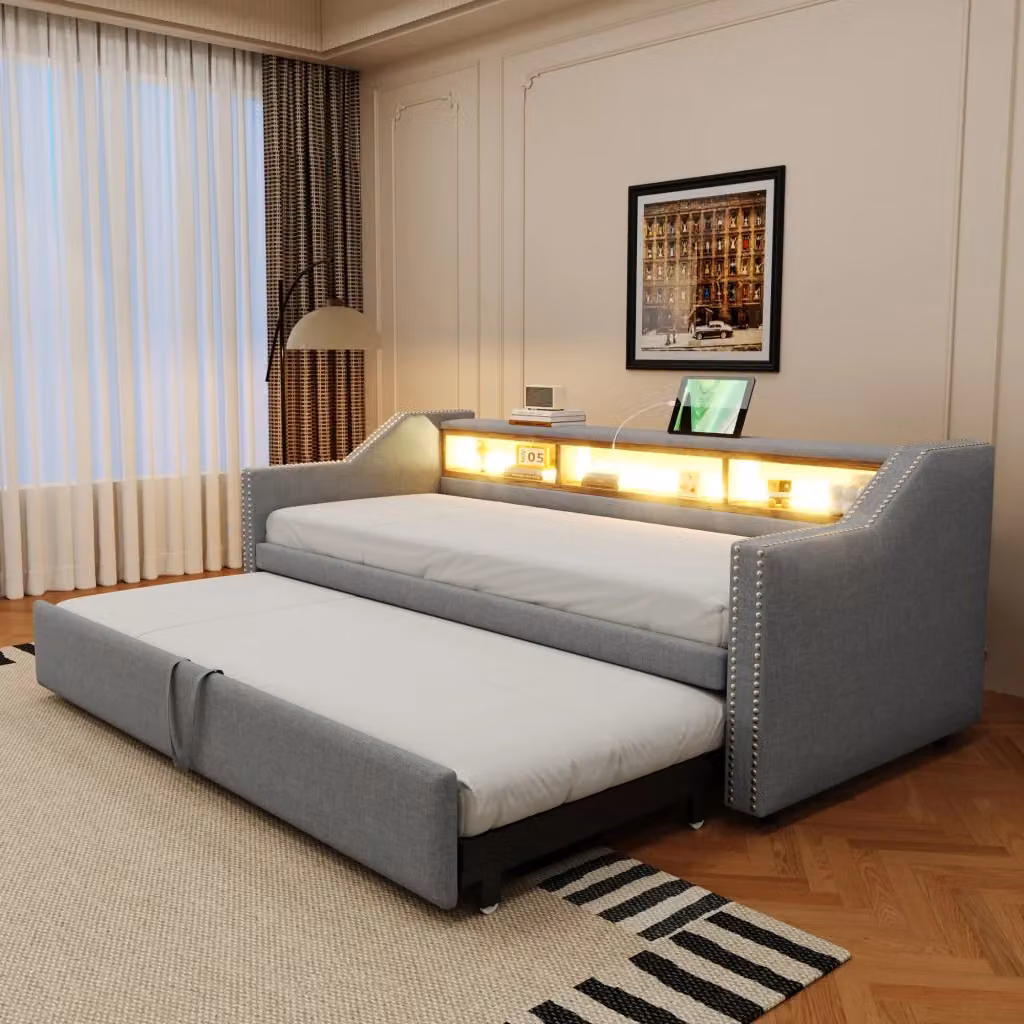 Divano letto estraibile Mivray in tessuto grigio con illuminazione LED e porta USB, dimensioni 90 x 190 cm con secondo letto 180 x 190 cm – 2