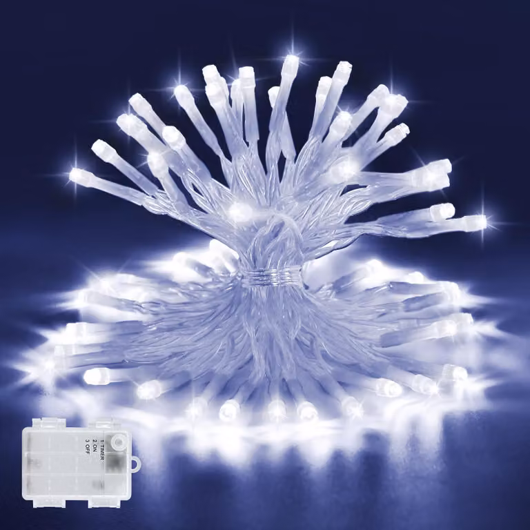Catena luminosa a LED, lunghezza 3 metri, 30 LED, luce bianca fredda, con timer, grado di protezione IP65, alimentazione a batteria