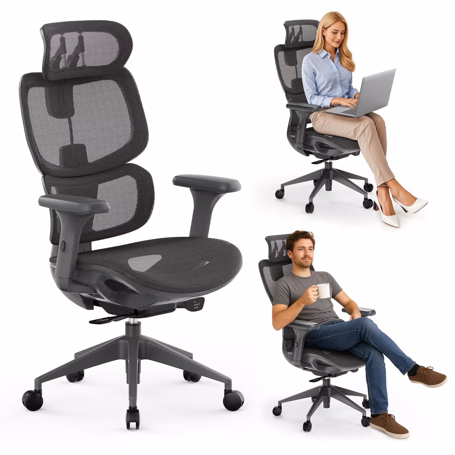 SENSE7 Nobu Sedia da ufficio ergonomica Sedia da scrivania Grigio Braccioli 3D Schienale in rete Poggiatesta Funzione oscillante Sedia direzionale Sedia per home office e gaming 130 kg