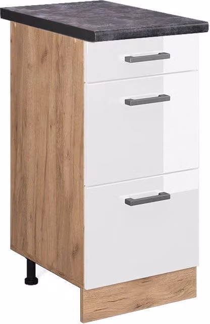 Mobiletto base per cucina R-Line Bianco lucido/Rovere dorato 40 cm con cassetti, PL Antracite Vicco