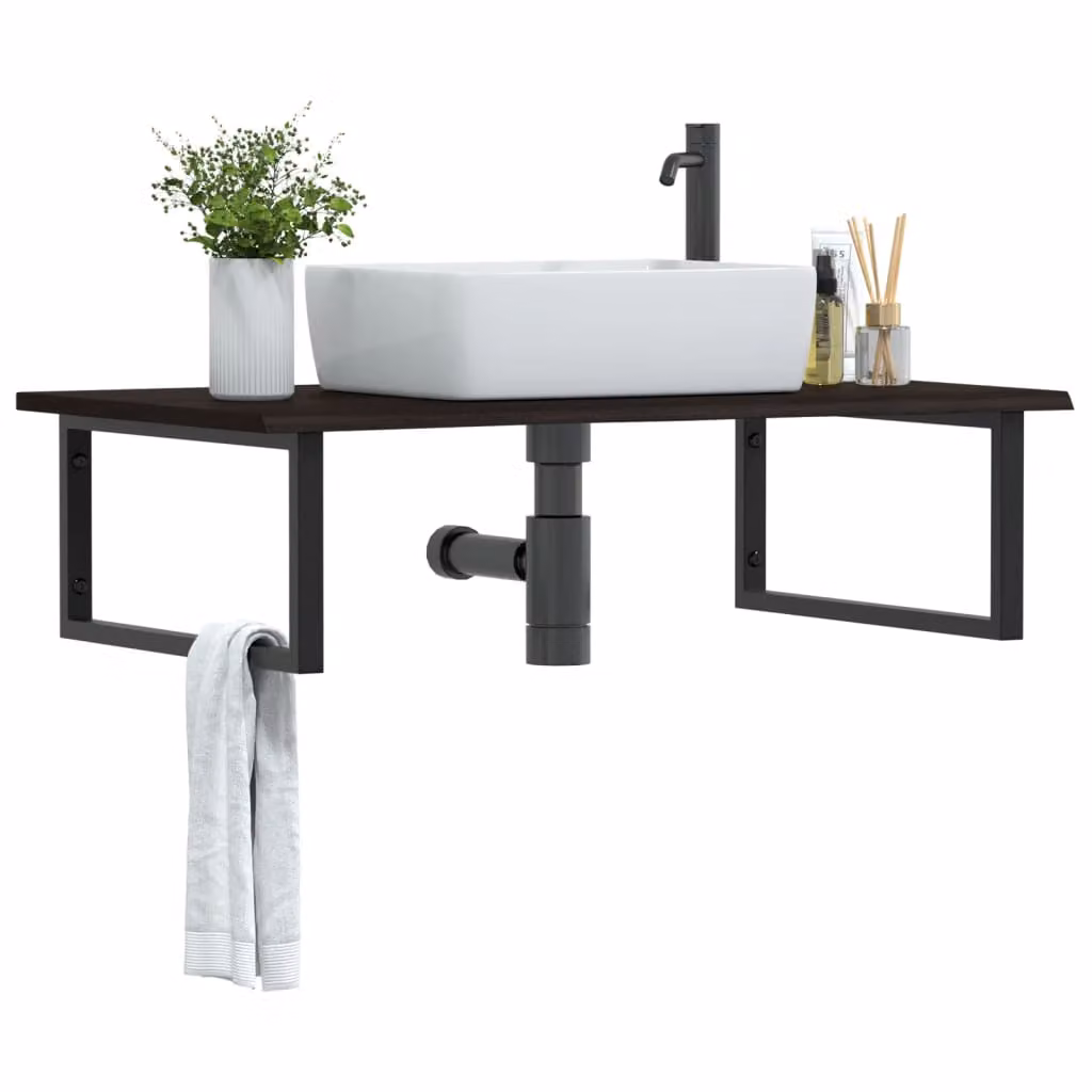 vidaXL Ripiano a Parete per Lavabo Moderno in Rovere e Metallo Nero e Marrone L: 60 cm, P: 27 cm, H: 3 cm