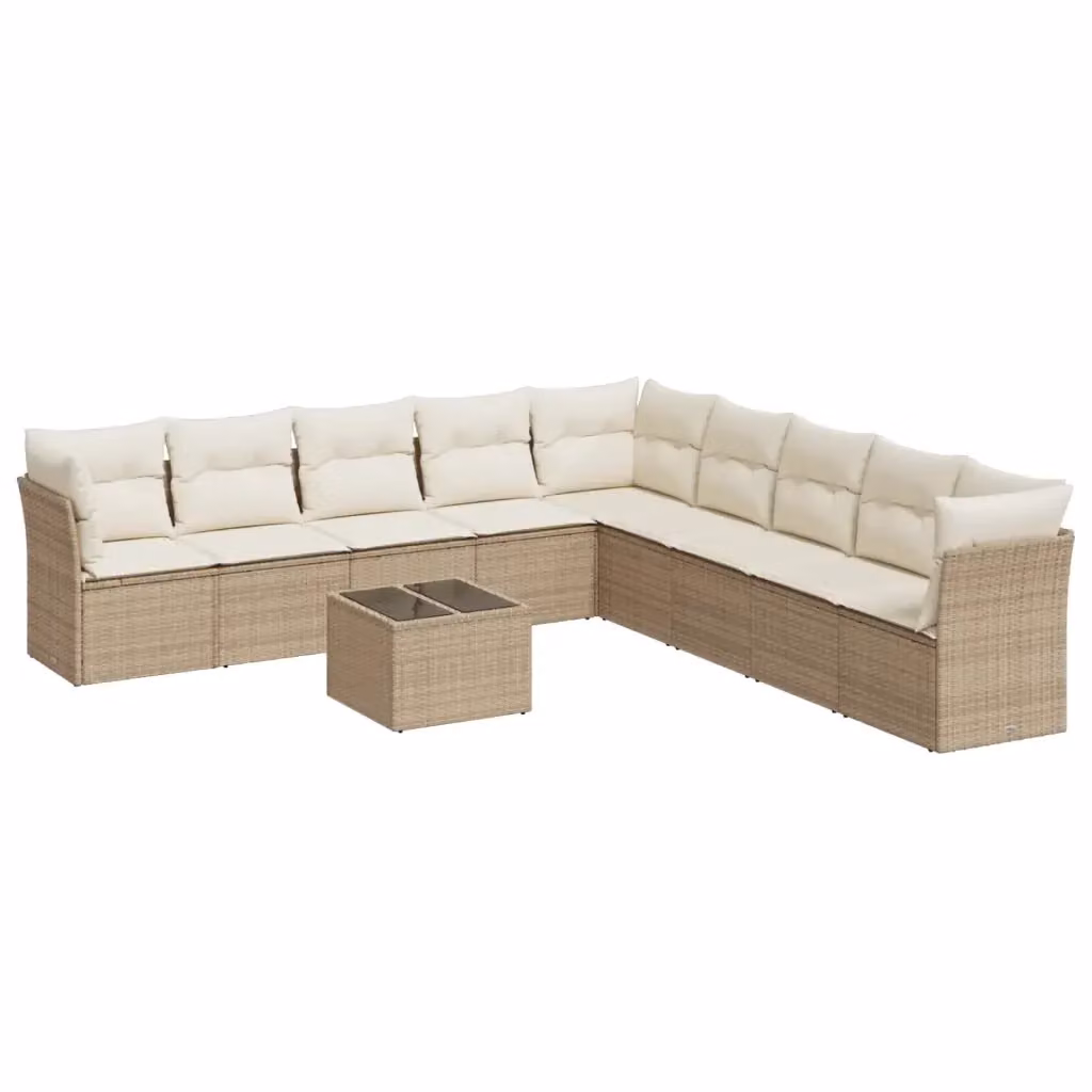 vidaXL Set Divano da Giardino 10 pz a Forma di L con Cuscini Beige e Tavolino da Esterno – 2