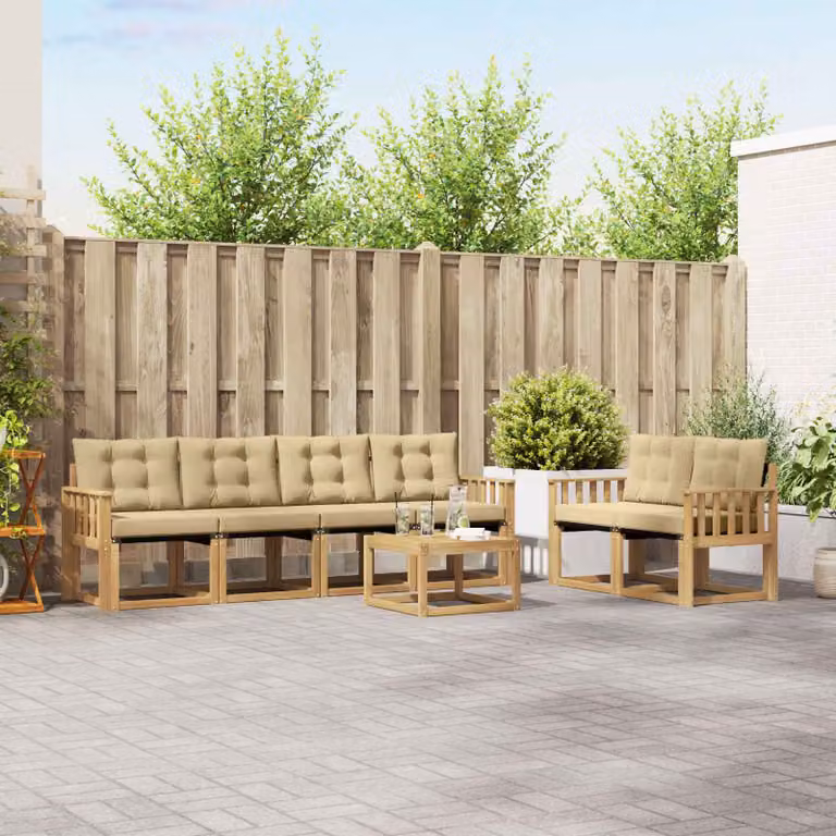 Set di divani da esterno vidaXL 7 pezzi in legno di acacia con tavolino e cuscini, Bianco e Beige
