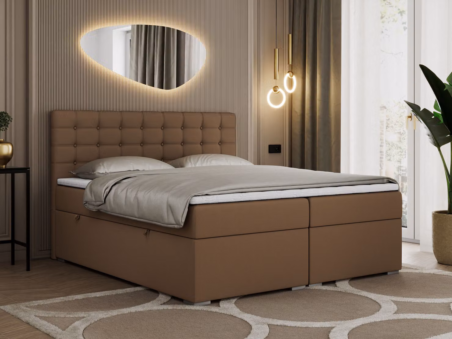 Letto con boxspring 140x200 con contenitore, letto 140x200 con materasso e topper - SUSAN - 140x200 - Marrone - Ecopelle - Durezza H3