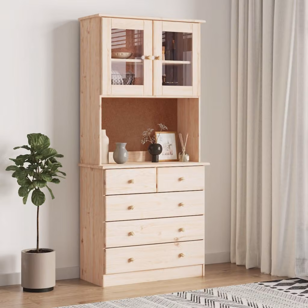 Credenza rustica vidaXL in legno di pino con ante in vetro e cassetti, L/P/H: 77 x 35 x 165 cm